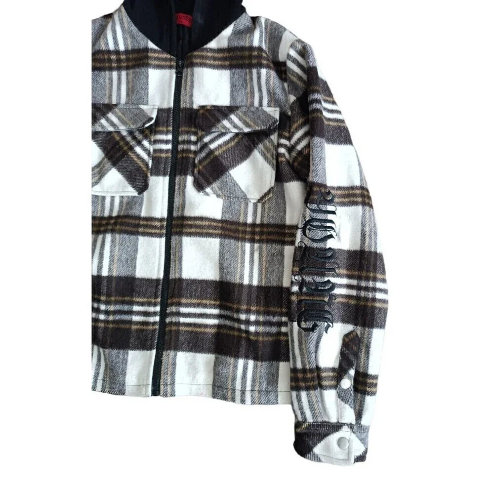 Haus Of Jr Plaid Flannel Jacket Kids Size 14 Brown Hooded Long Sleeve